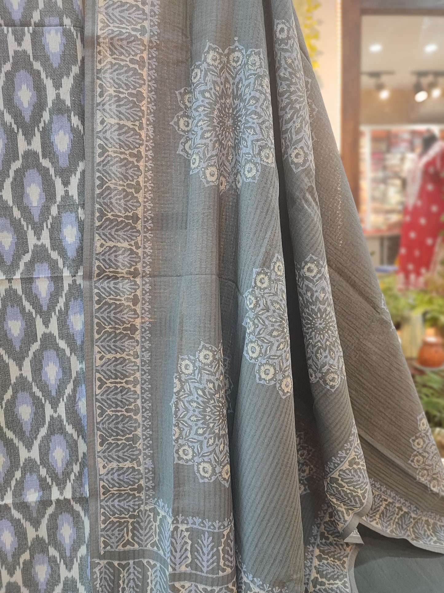 Grey Pure Cotton Handloom Ikkat Suit Set