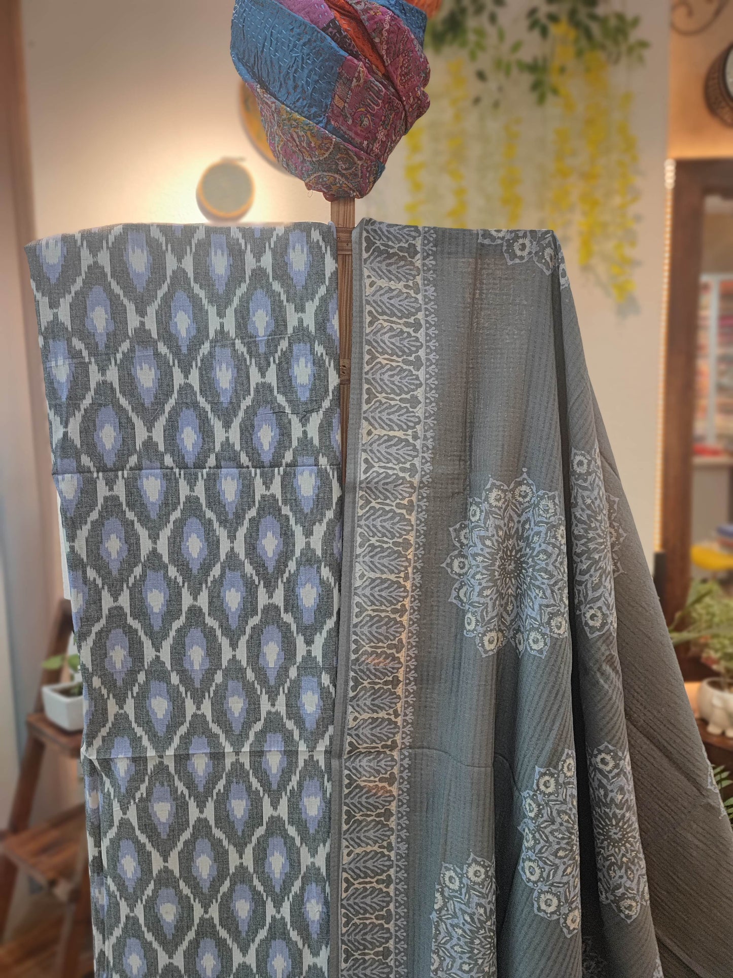 Grey Pure Cotton Handloom Ikkat Suit Set