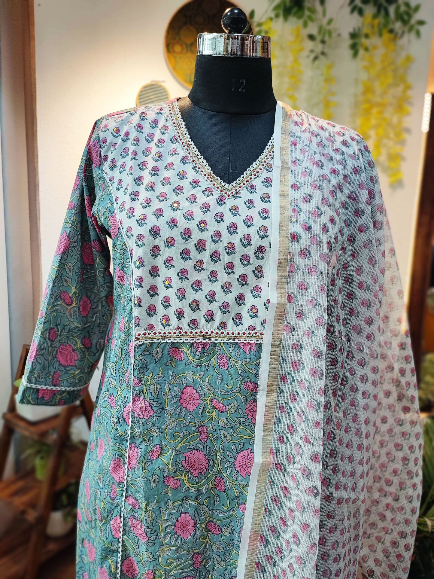 Tarquoise green floral Cotton Suit Set With Kota Dupatta