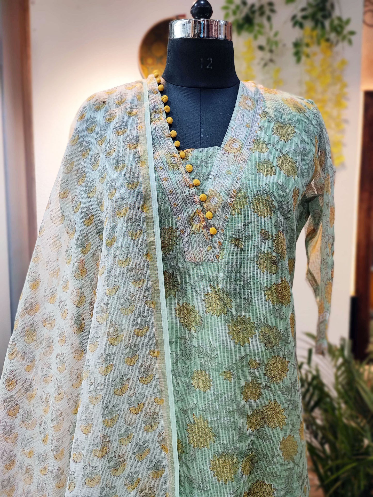Apple Green Floral Cotton Suit Set With Kota Dupatta