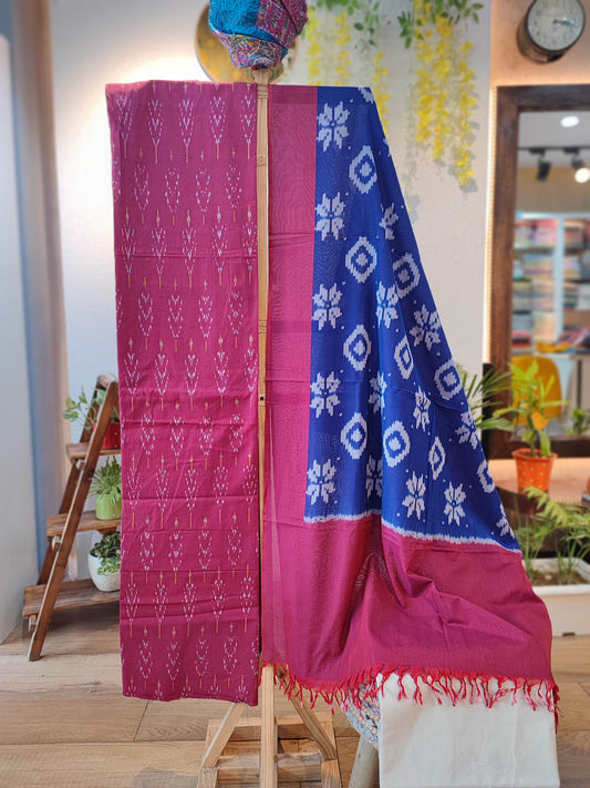 Hot pink And Blue Pure Cotton Handloom Ikkat Suit Set