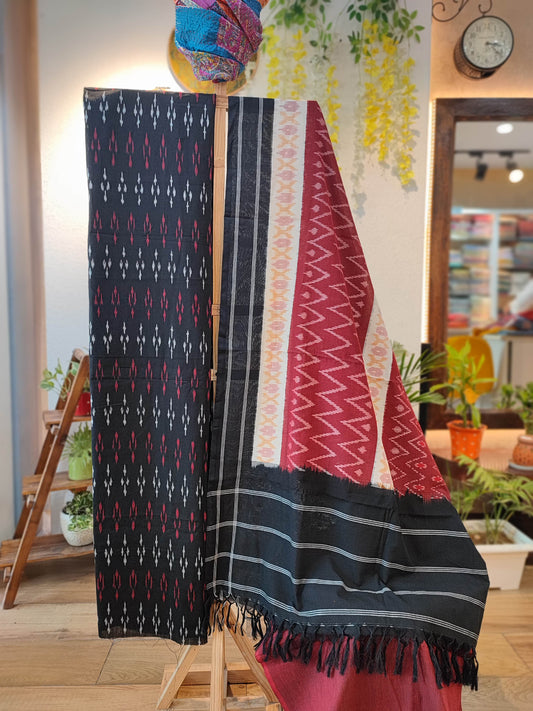 Black and Red Pure Cotton Handloom Ikkat Suit Set