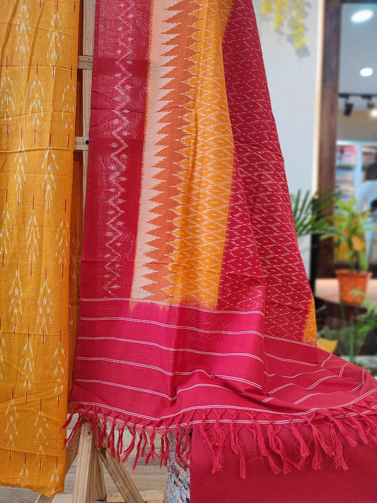 Yellow and Red Pure Cotton Handloom Ikkat Suit Set