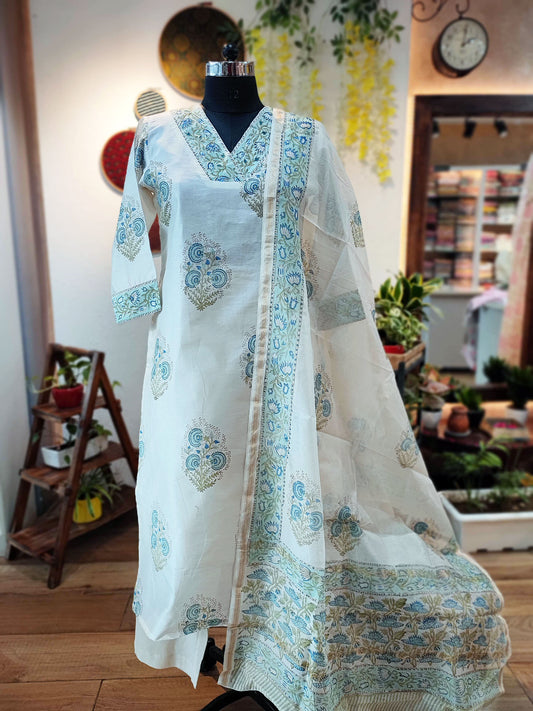 Blue printed  Chanderi Silk Suit Set With Hand Embroidery