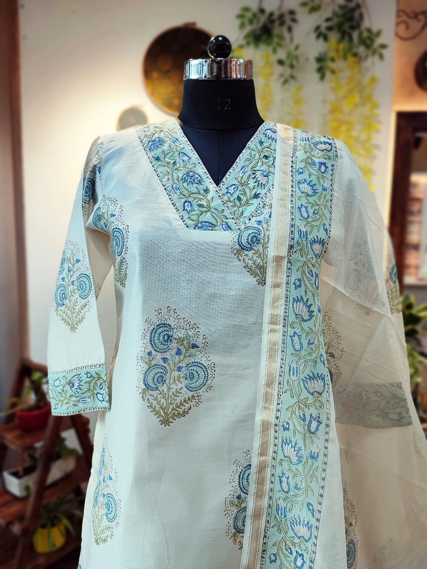 Blue printed  Chanderi Silk Suit Set With Hand Embroidery