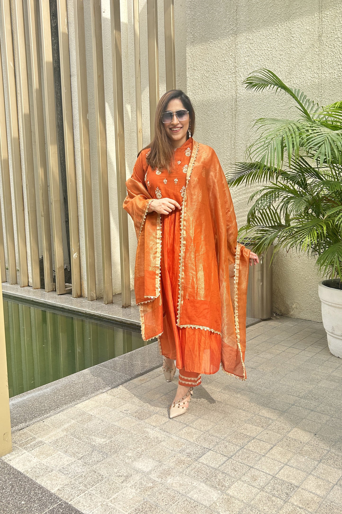 Kesariya Mul Chanderi Ready Silk Suit with Handwork, Tissue Dupatta, and Cotton Bottom