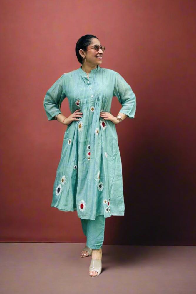 Teal Green 2-Piece Mul Chanderi Silk Suit With Handwork With  Cotton Bottom