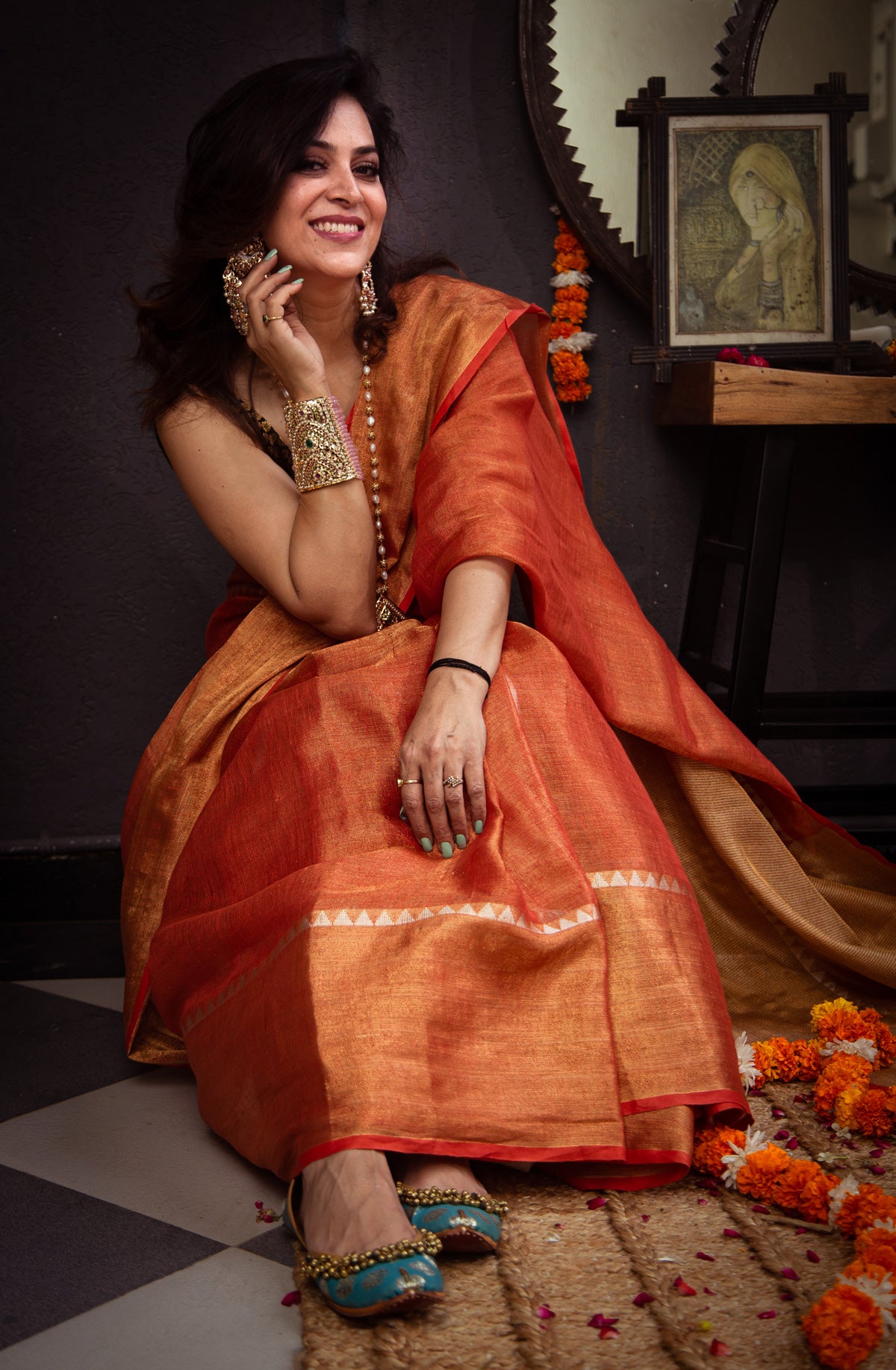 Rust Premium Tissue Linen saree