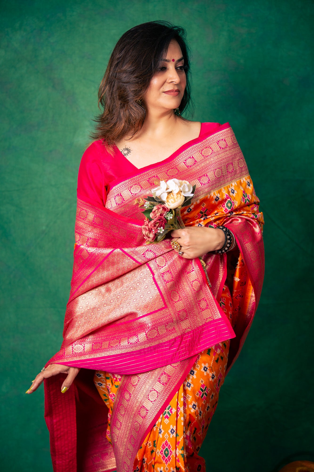 Marigold Yellow & Magenta Patola Silk Saree With Zari Border