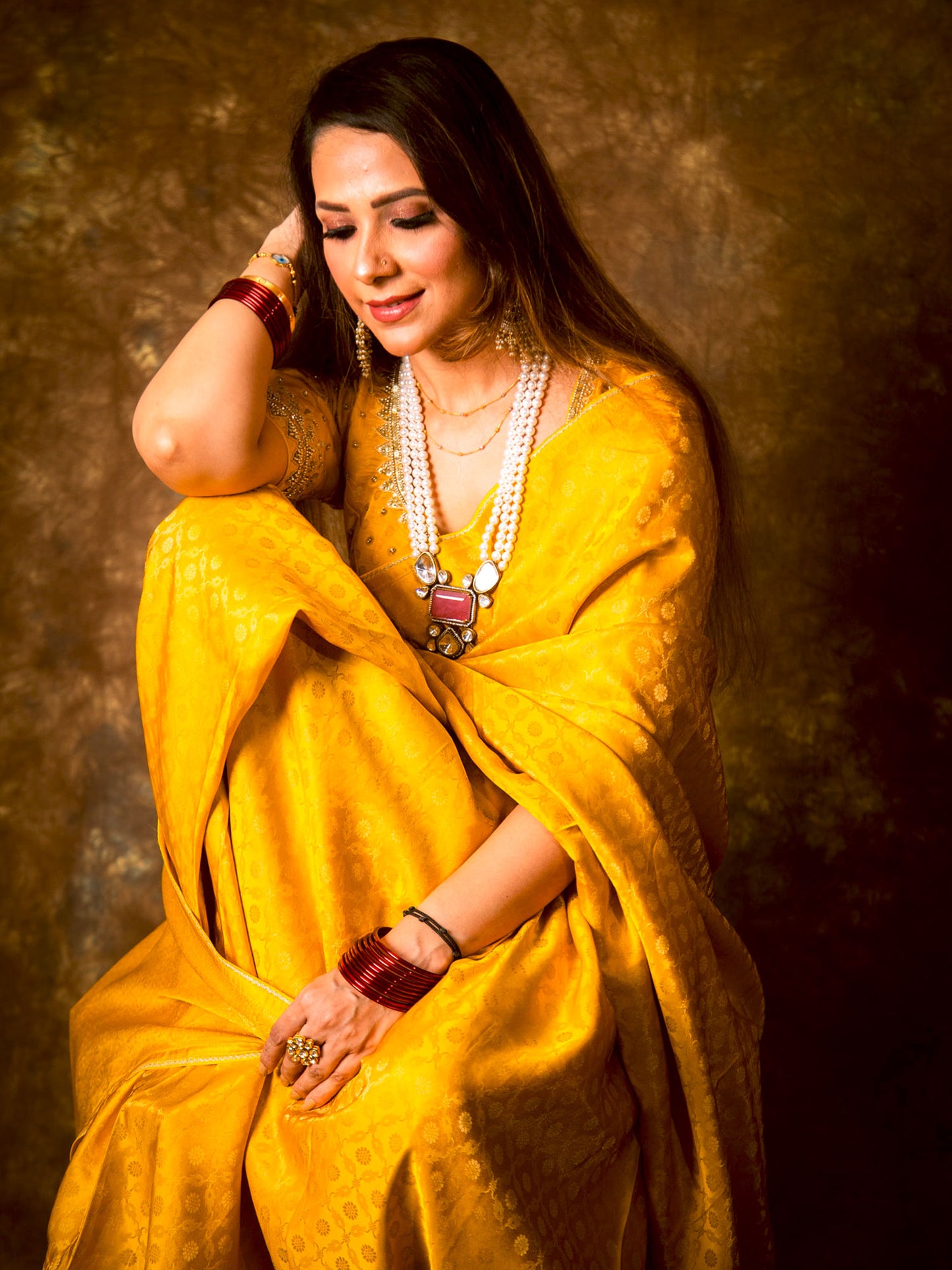 Amber Yellow Shimmer Georgette Saree With Handwork and Designer Padded Handwork Sweetheart Neck Blouse