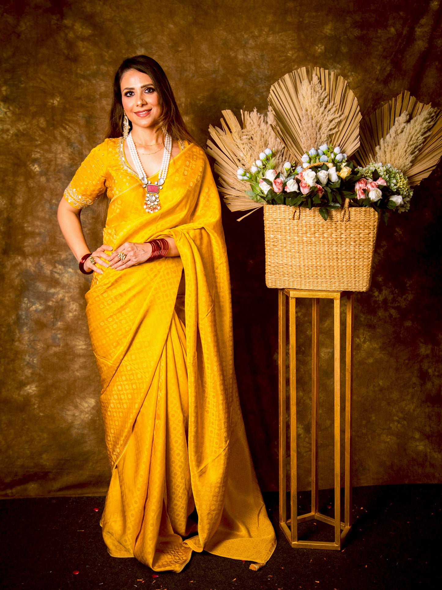 Amber Yellow Shimmer Georgette Saree With Handwork and Designer Padded Handwork Sweetheart Neck Blouse