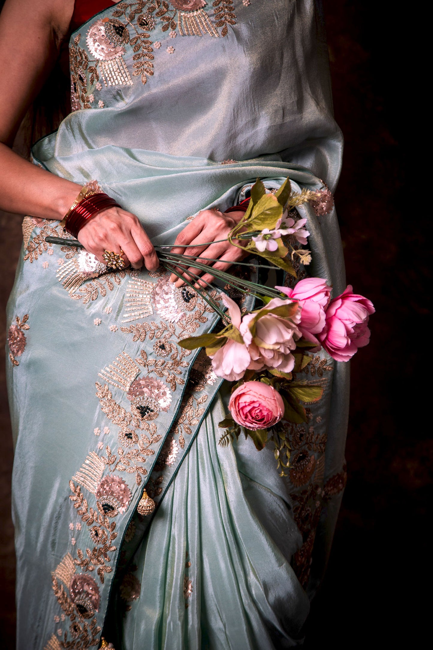 Pastel Blue Georgette Tissue Luxurious Flowy Saree with Gota Patti and Pearl Work