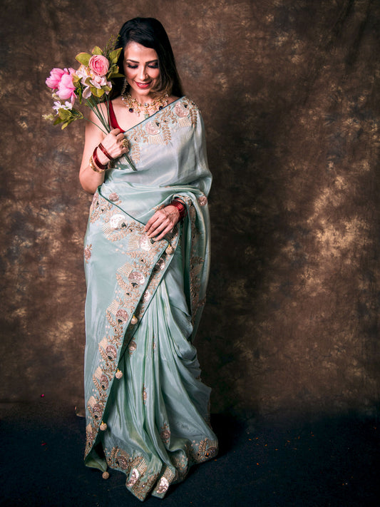 Pastel Blue Georgette Tissue Luxurious Flowy Saree with Gota Patti and Pearl Work