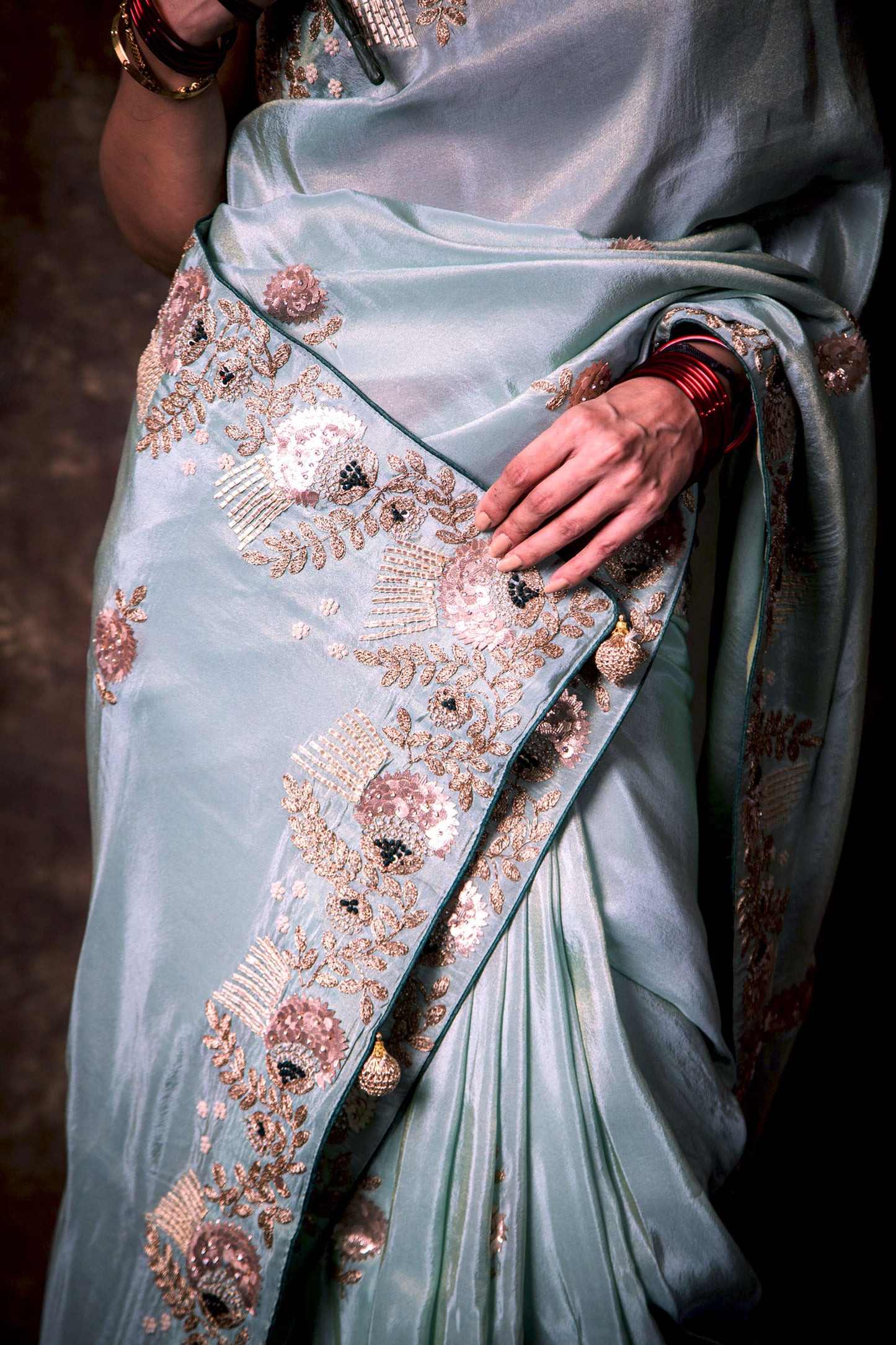 Pastel Blue Georgette Tissue Luxurious Flowy Saree with Gota Patti and Pearl Work