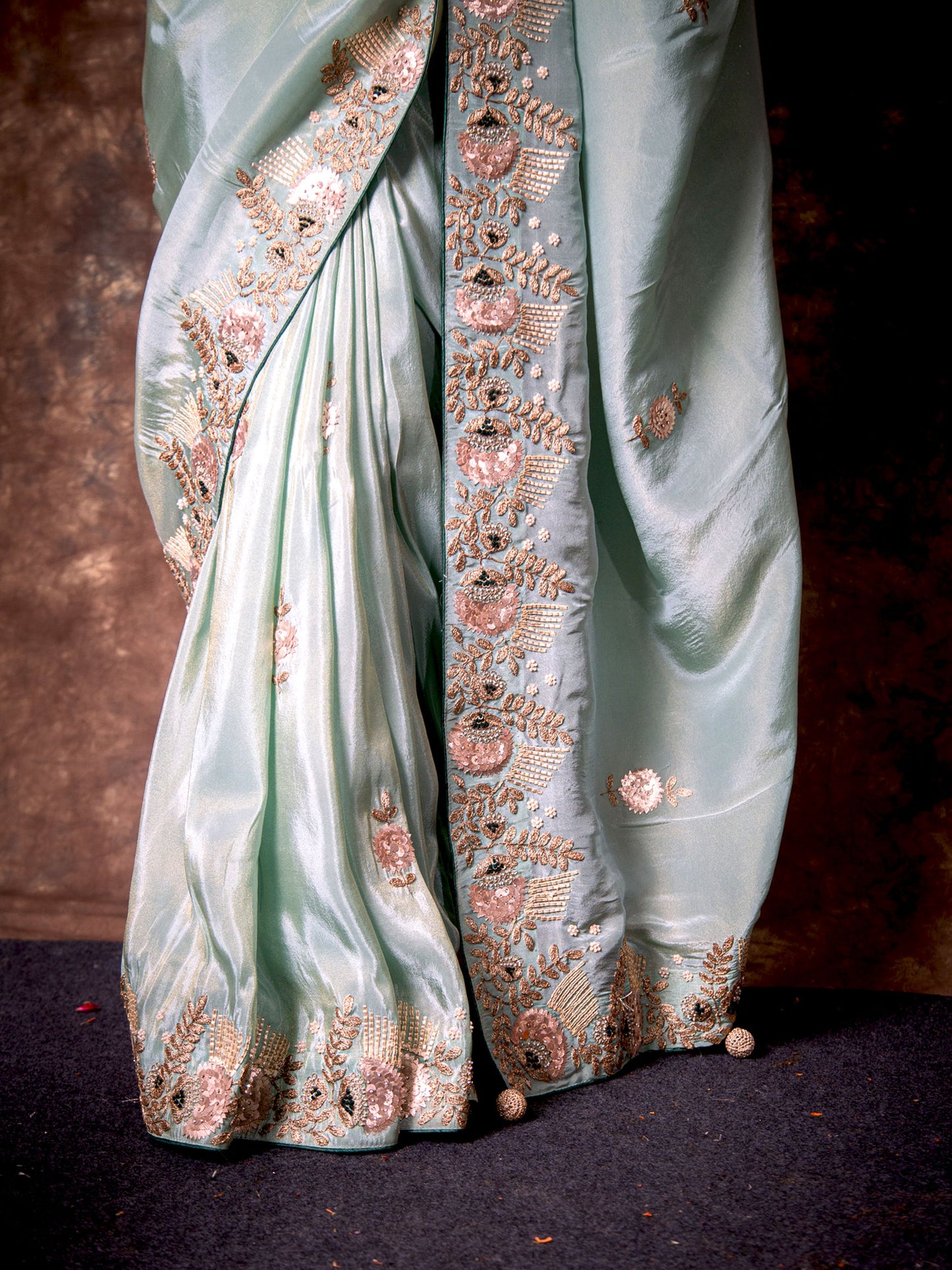 Pastel Blue Georgette Tissue Luxurious Flowy Saree with Gota Patti and Pearl Work