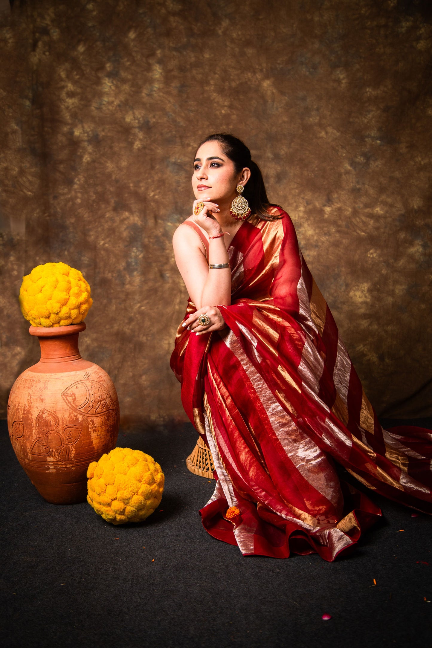 Crimson Pure Tissue Organza Silk Saree with Gold & Silver Stripes & Zari Woven Silk Blouse