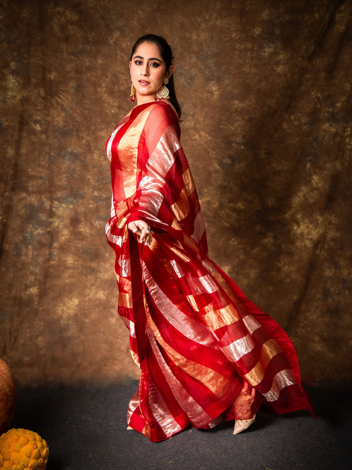 Crimson Pure Tissue Organza Silk Saree with Gold & Silver Stripes & Zari Woven Silk Blouse