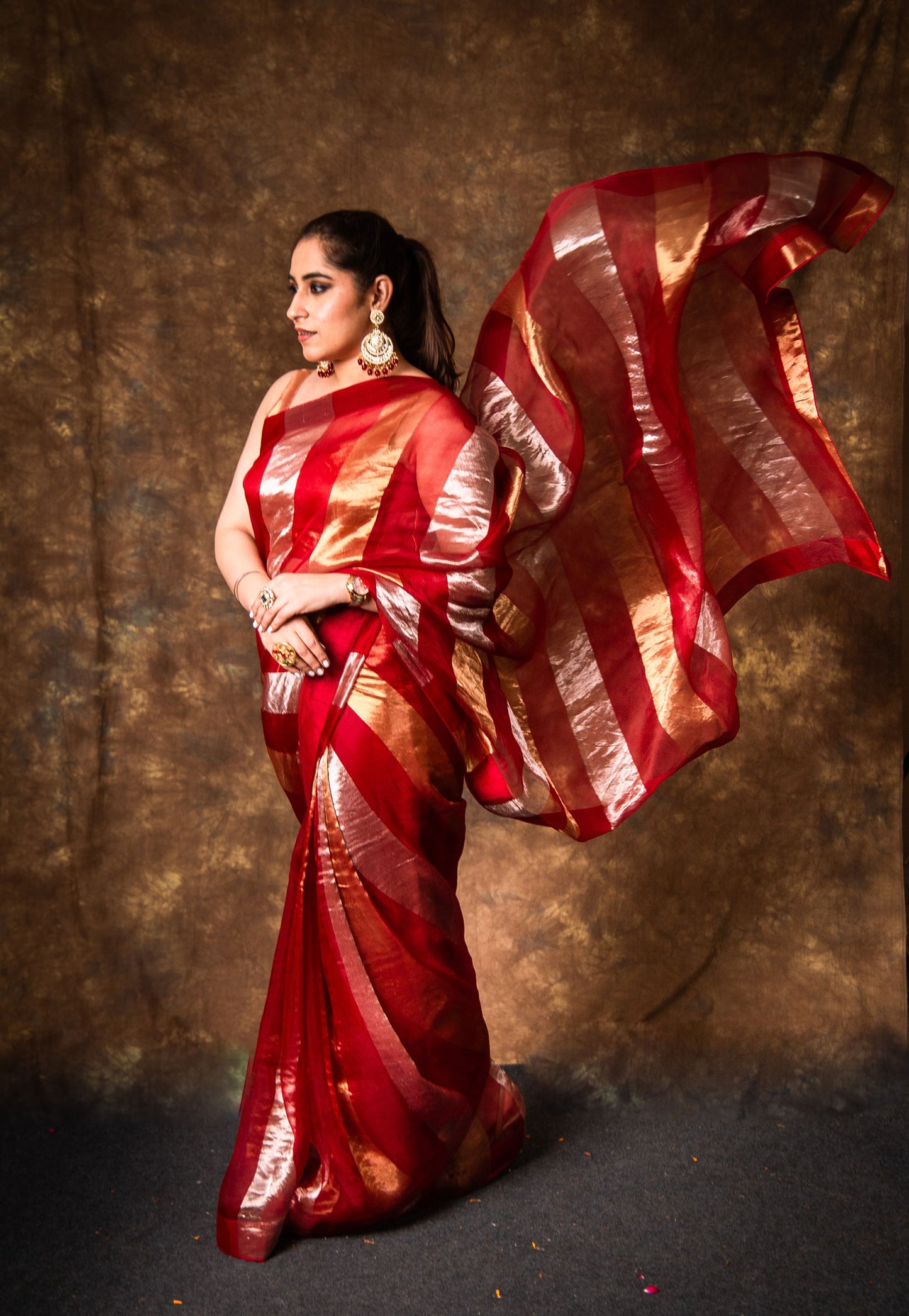 Crimson Pure Tissue Organza Silk Saree with Gold & Silver Stripes & Zari Woven Silk Blouse