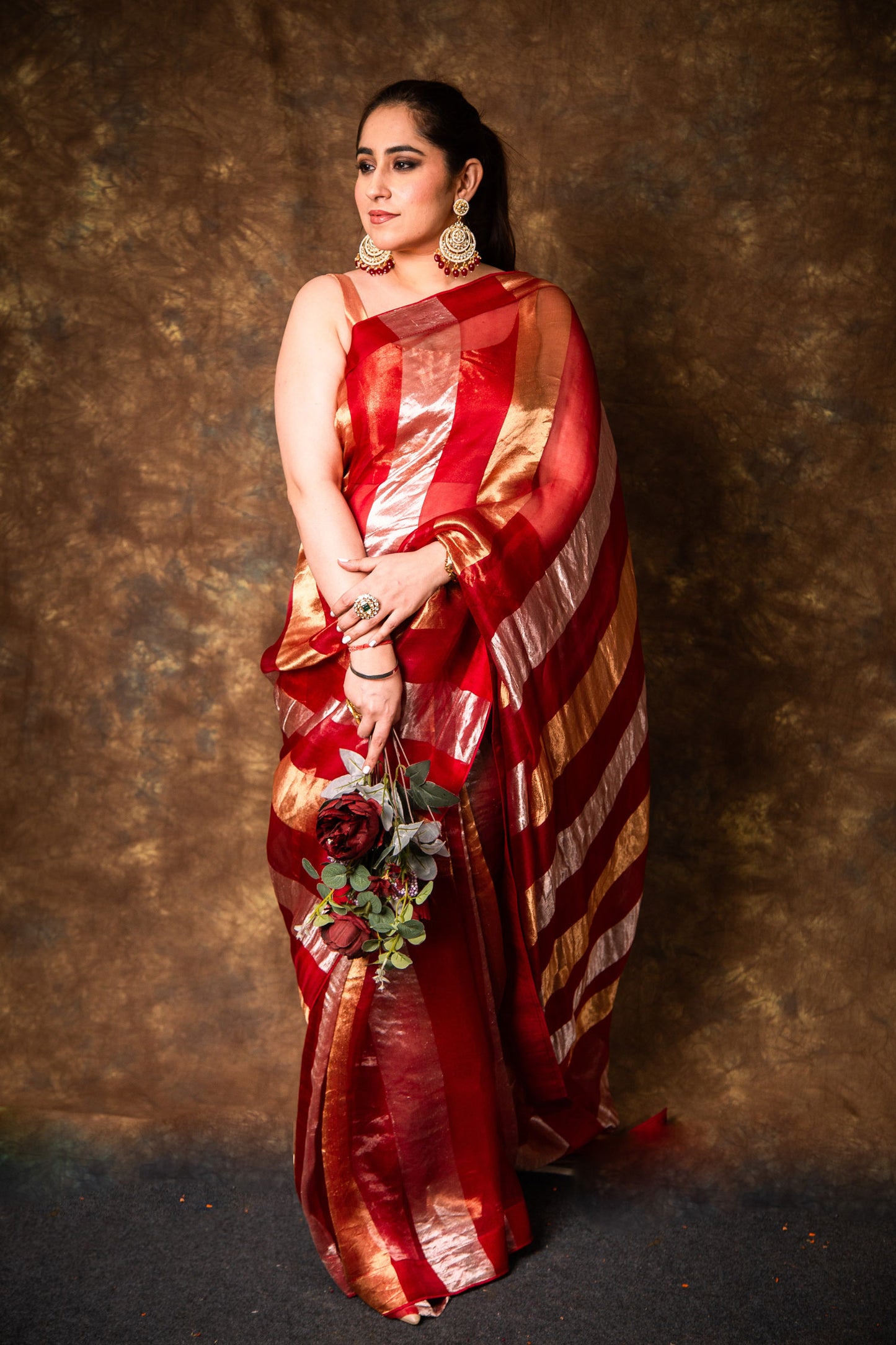 Crimson Pure Tissue Organza Silk Saree with Gold & Silver Stripes & Zari Woven Silk Blouse