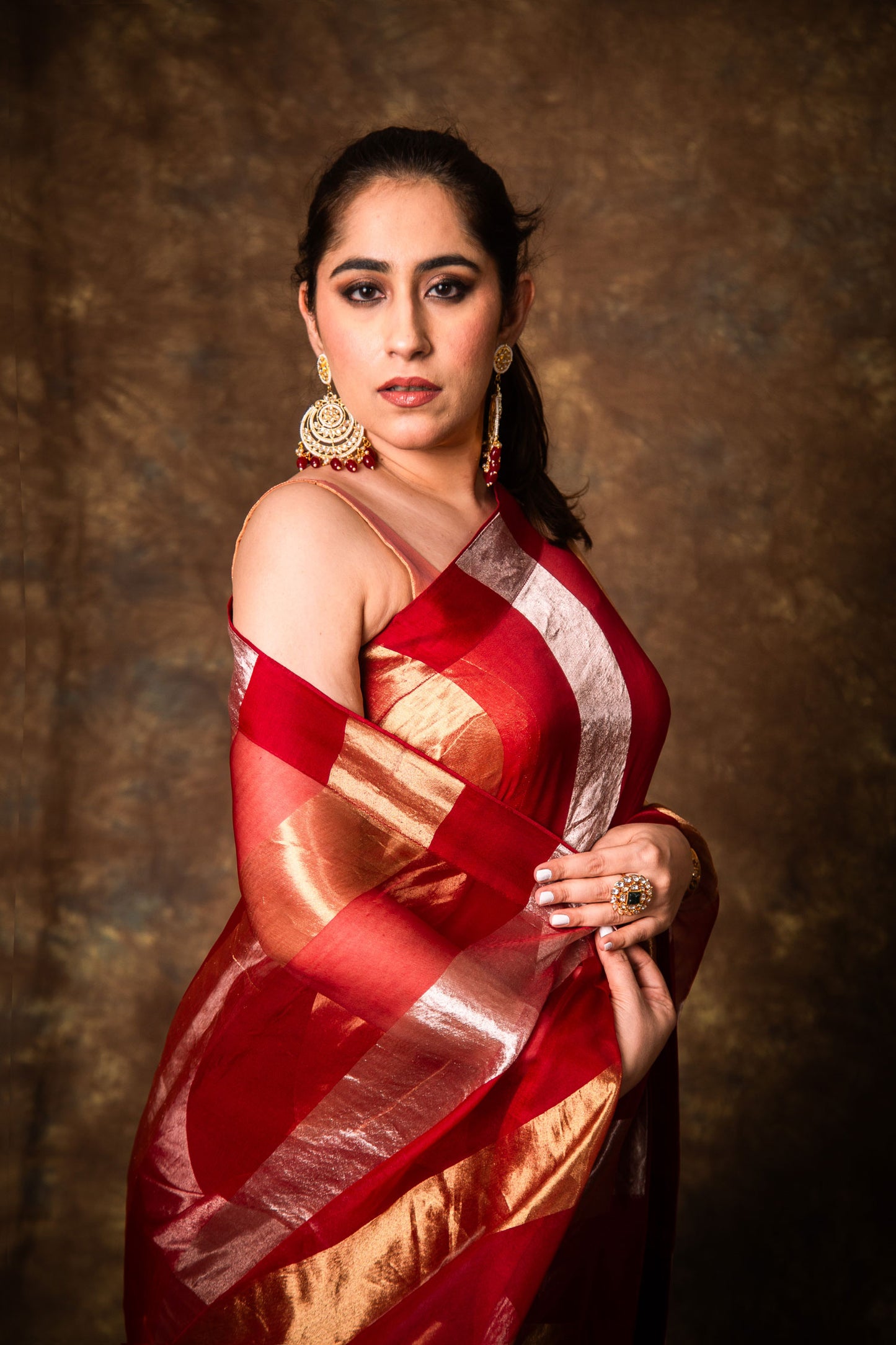 Crimson Pure Tissue Organza Silk Saree with Gold & Silver Stripes & Zari Woven Silk Blouse