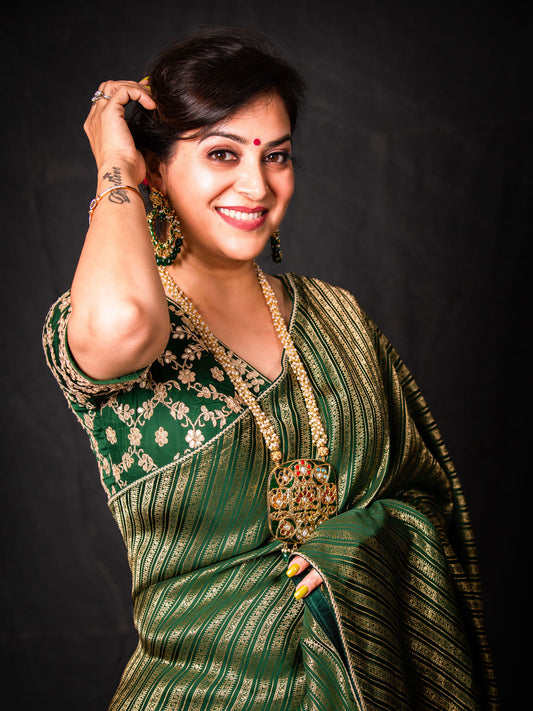 Bottle Green Banarasi Brocade Soft Silk Saree With Striped Weaving With Padded Heavy Handwork V Neckline Blouse