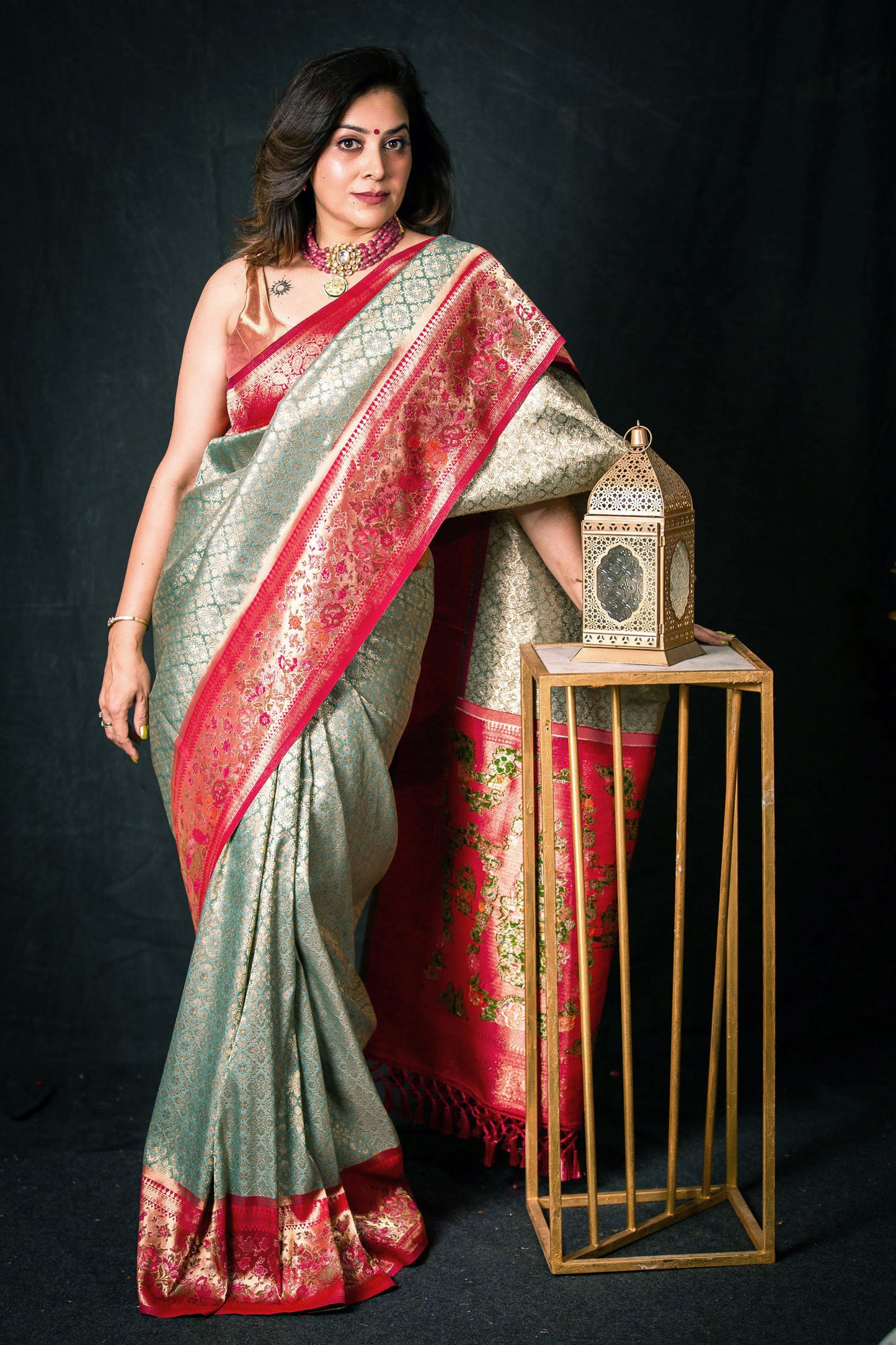 Magenta & Sea Green Banarasi Tanchoi Silk Brocade Saree