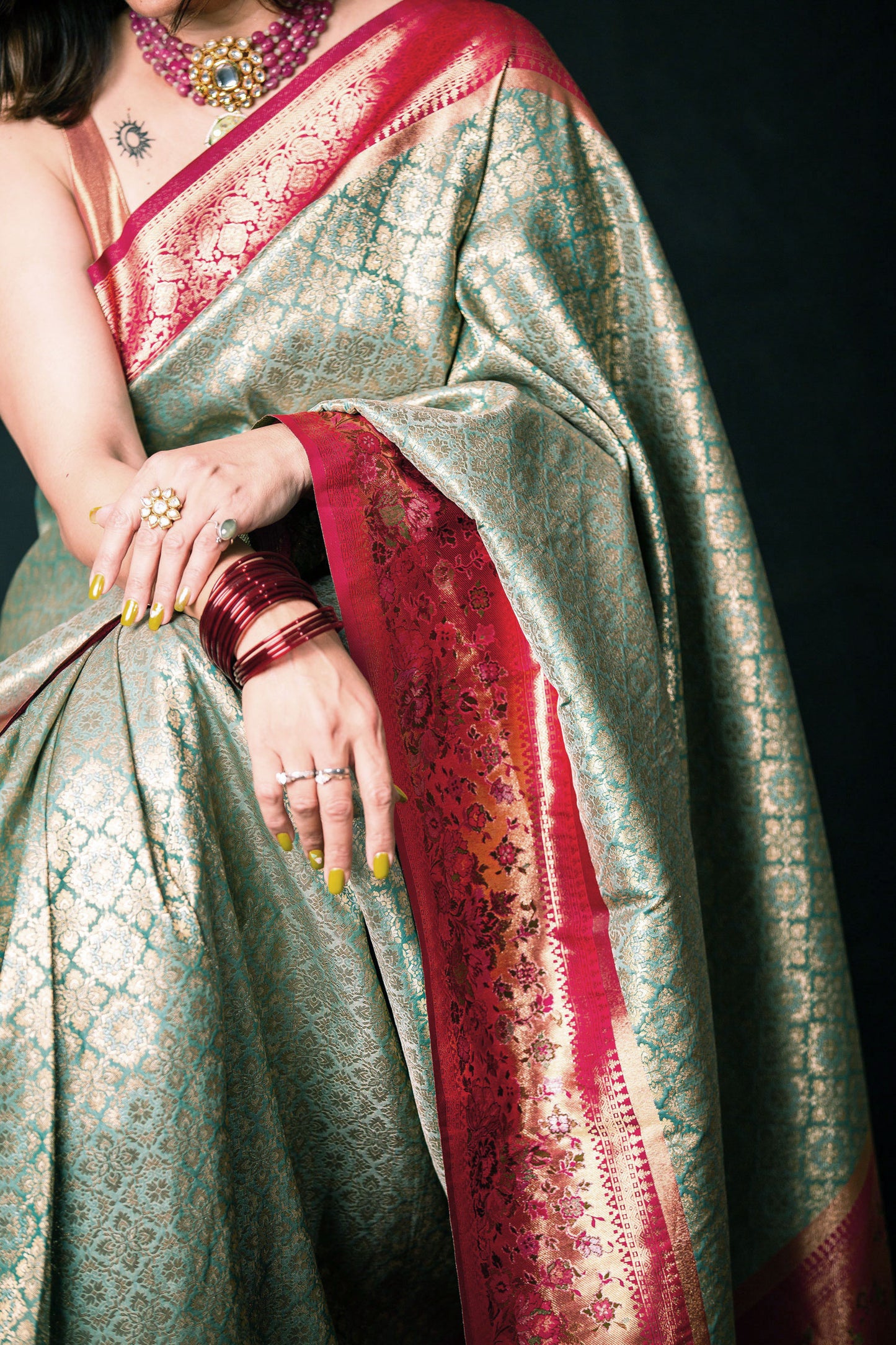 Magenta & Sea Green Banarasi Tanchoi Silk Brocade Saree