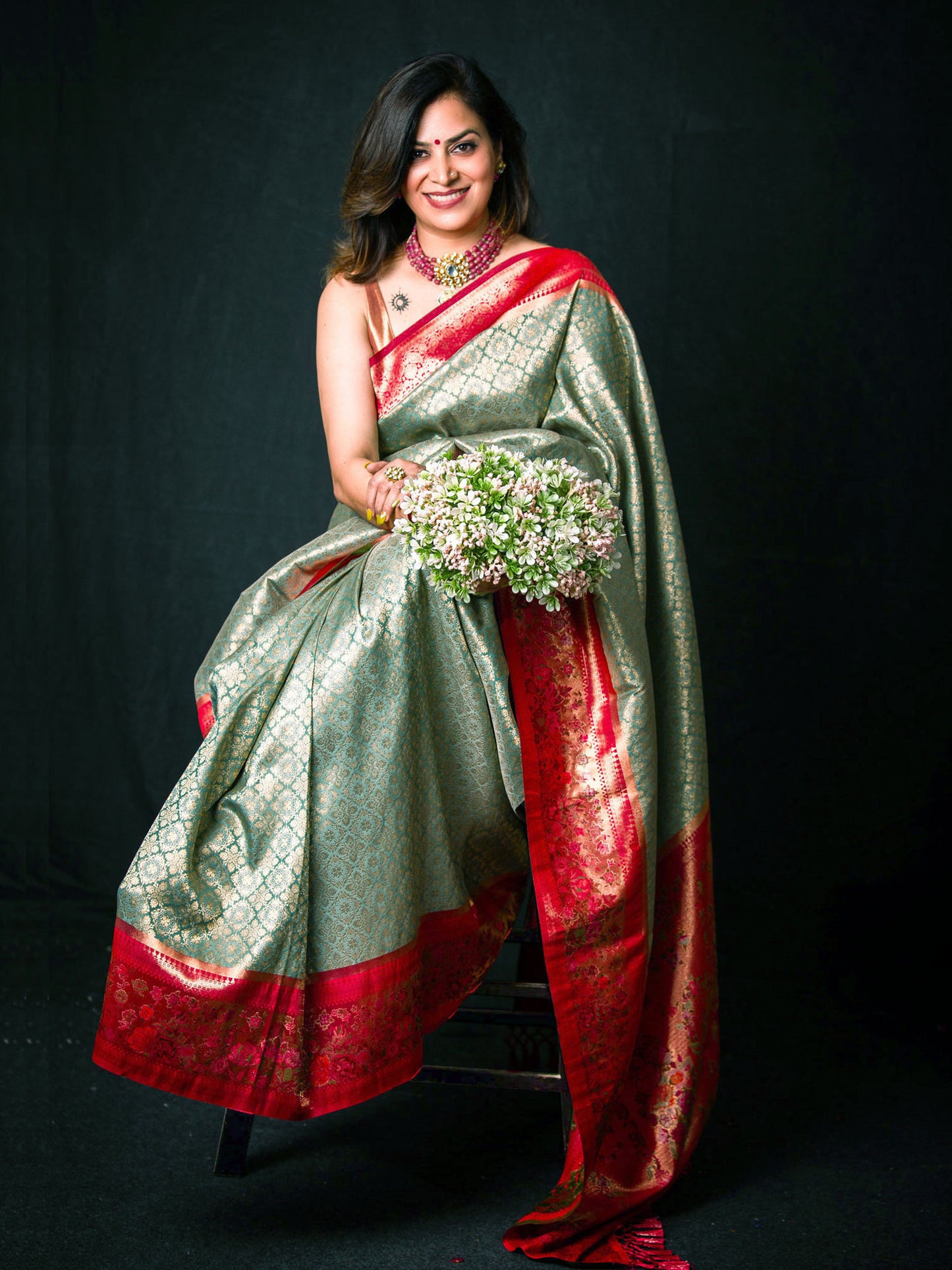 Magenta & Sea Green Banarasi Tanchoi Silk Brocade Saree