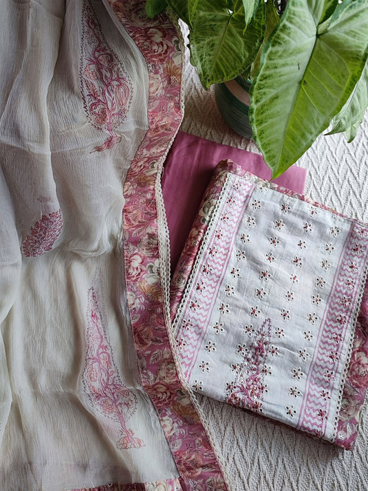 White & Fandango Pink Crape Silk Suit Set with Hakoba Patch Work