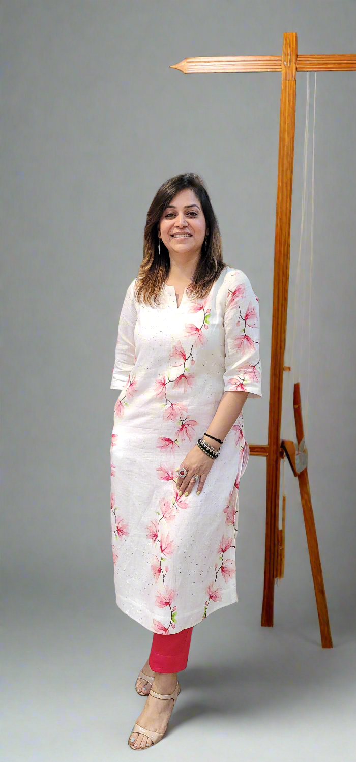 Pink and Off White Printed Linen Kurta With Thin Cotton Lining