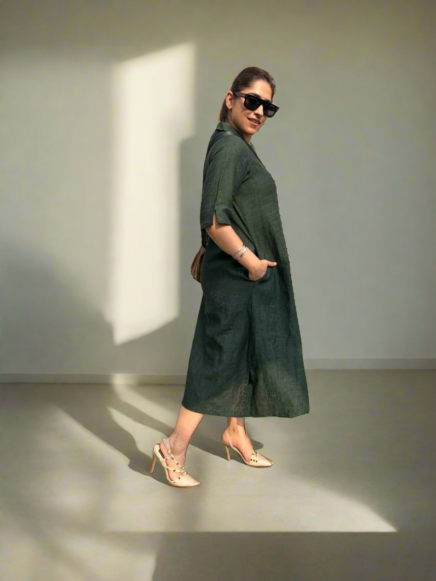 Olive Green Linen Antifit Collared Dress/Kurta