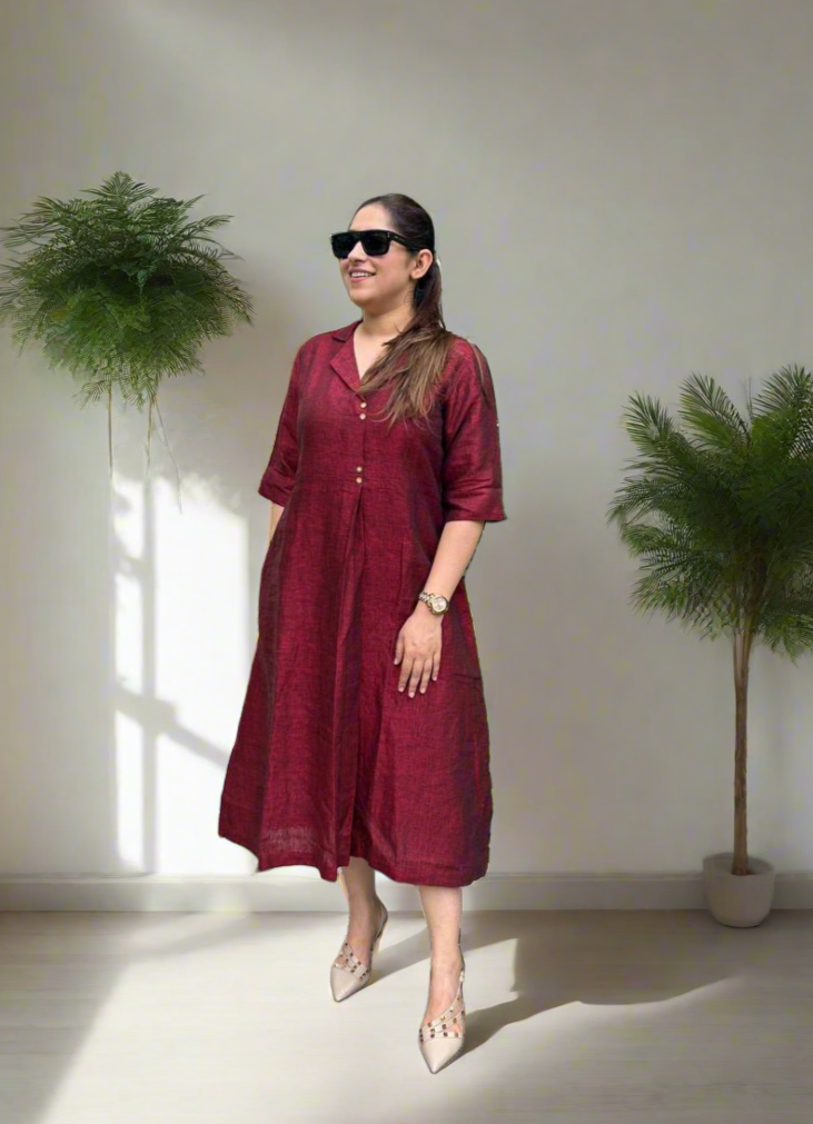 Maroon Linen Antifit Collared Dress/Kurta