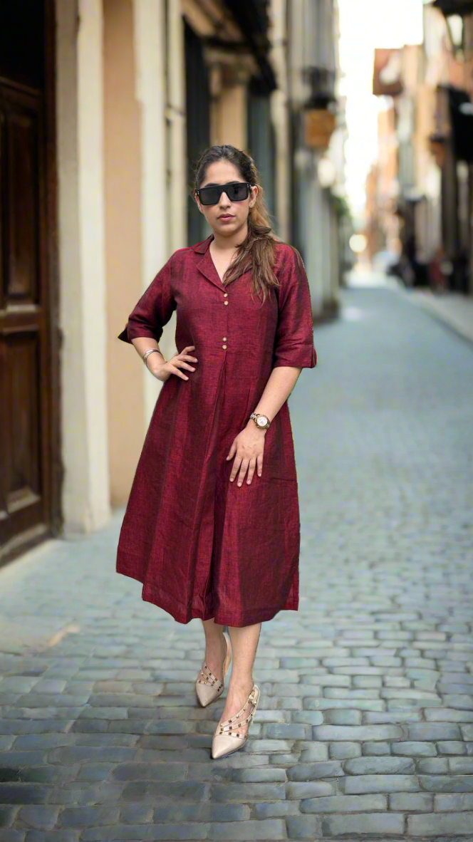 Maroon Linen Antifit Collared Dress/Kurta