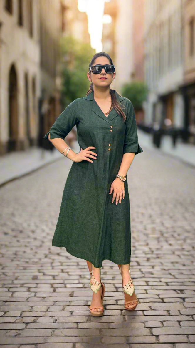 Olive Green Linen Antifit Collared Dress/Kurta