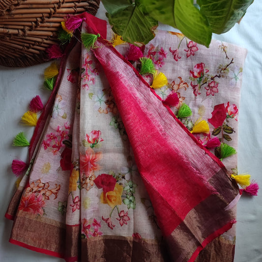 Red Roses Floral Printed Saree with Tassels Detailing