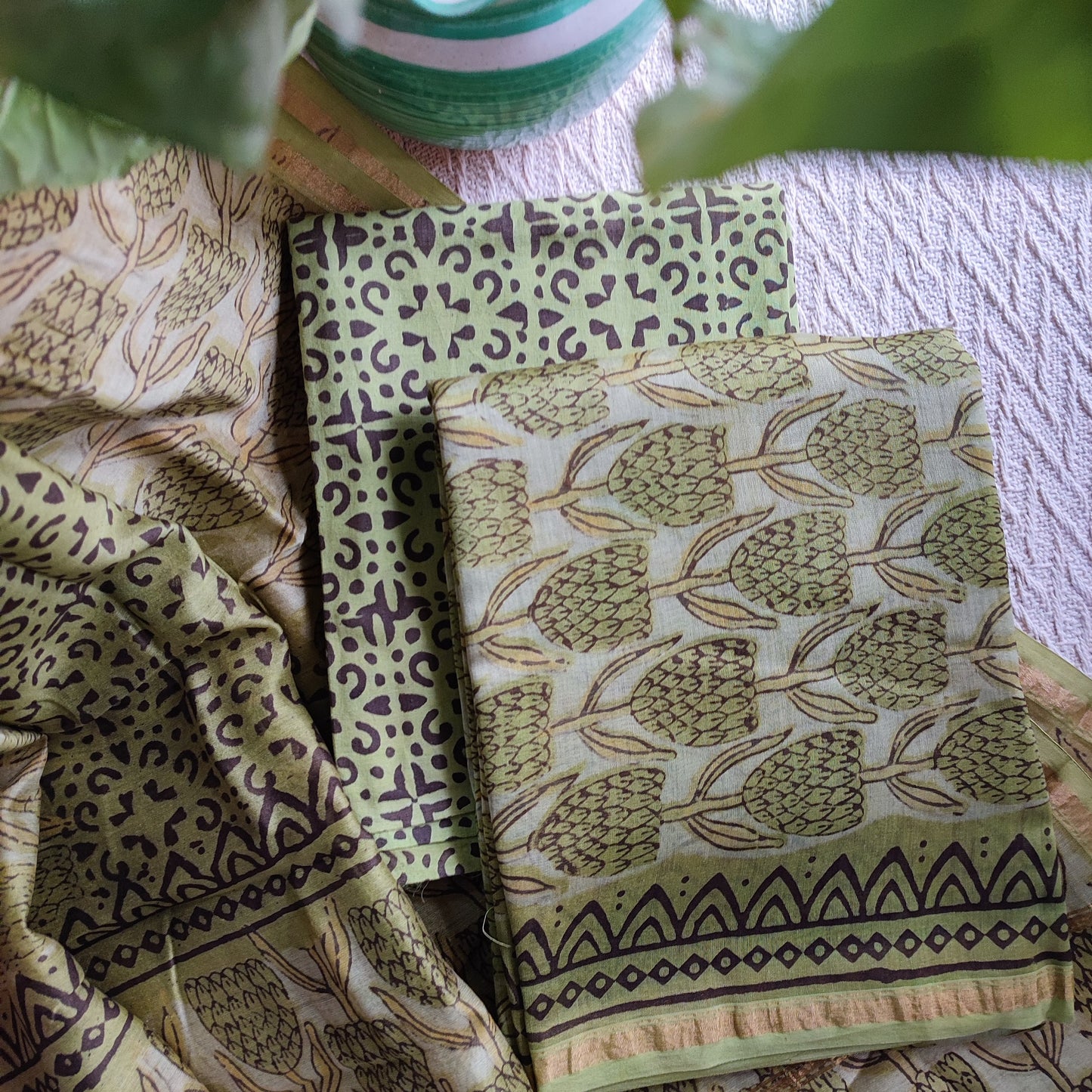 Pistashio Green Chanderi Silk Suit Set with Floral Handblock Prints