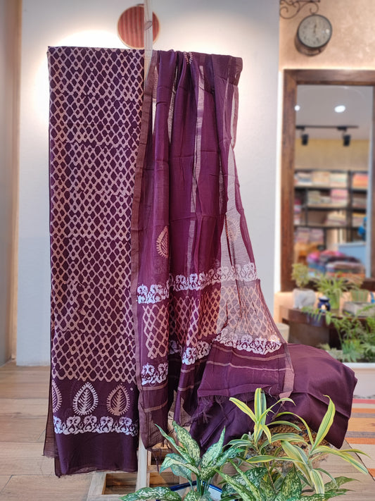 Sparkling Grape Chanderi Silk Suit Set with Floral Handblock Prints
