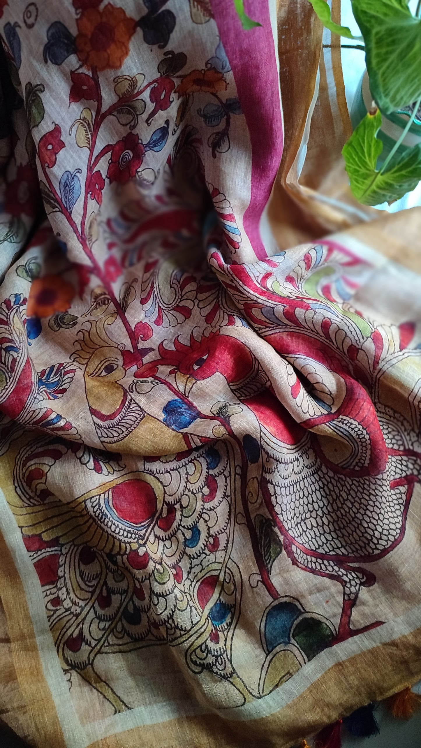 Kalamkari Linen Printed Saree with Tassels Detailing