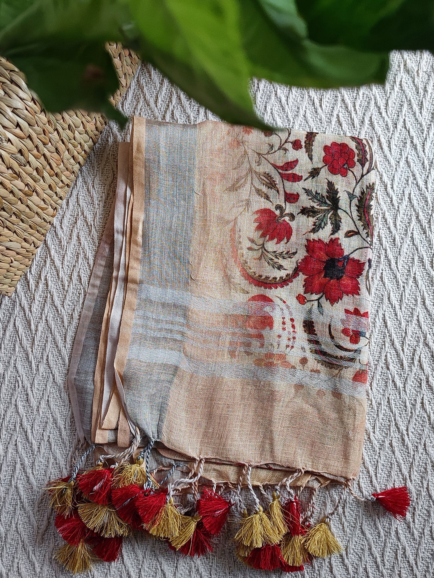 Peaches & Cream Pure Linen Kalamkari Printed Dupatta