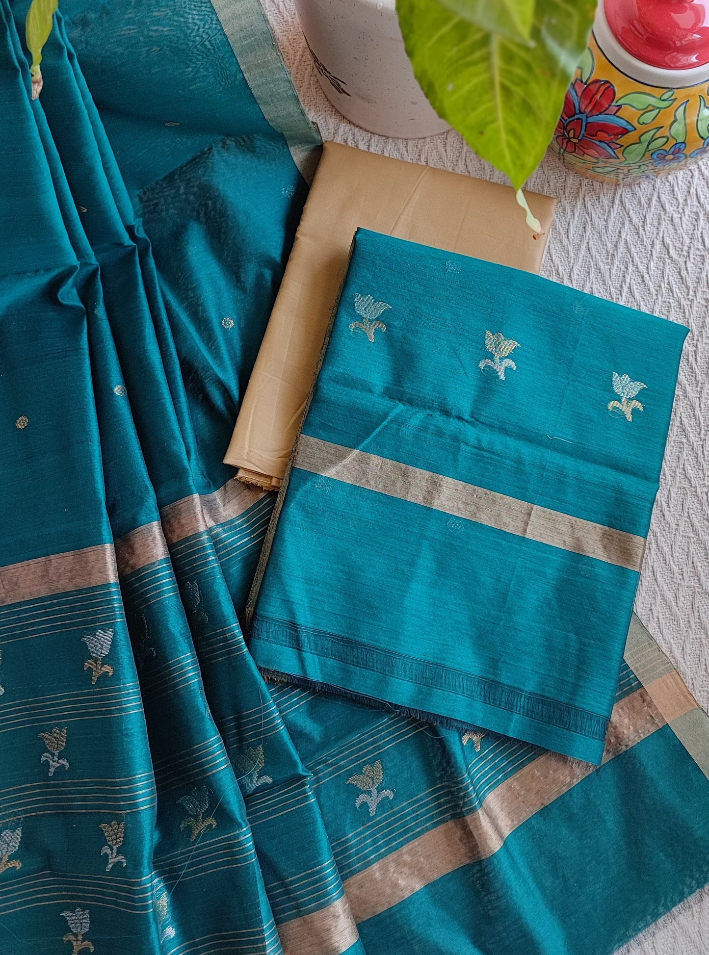 Cyan Blue Mercerized Chanderi Silk Suit Set