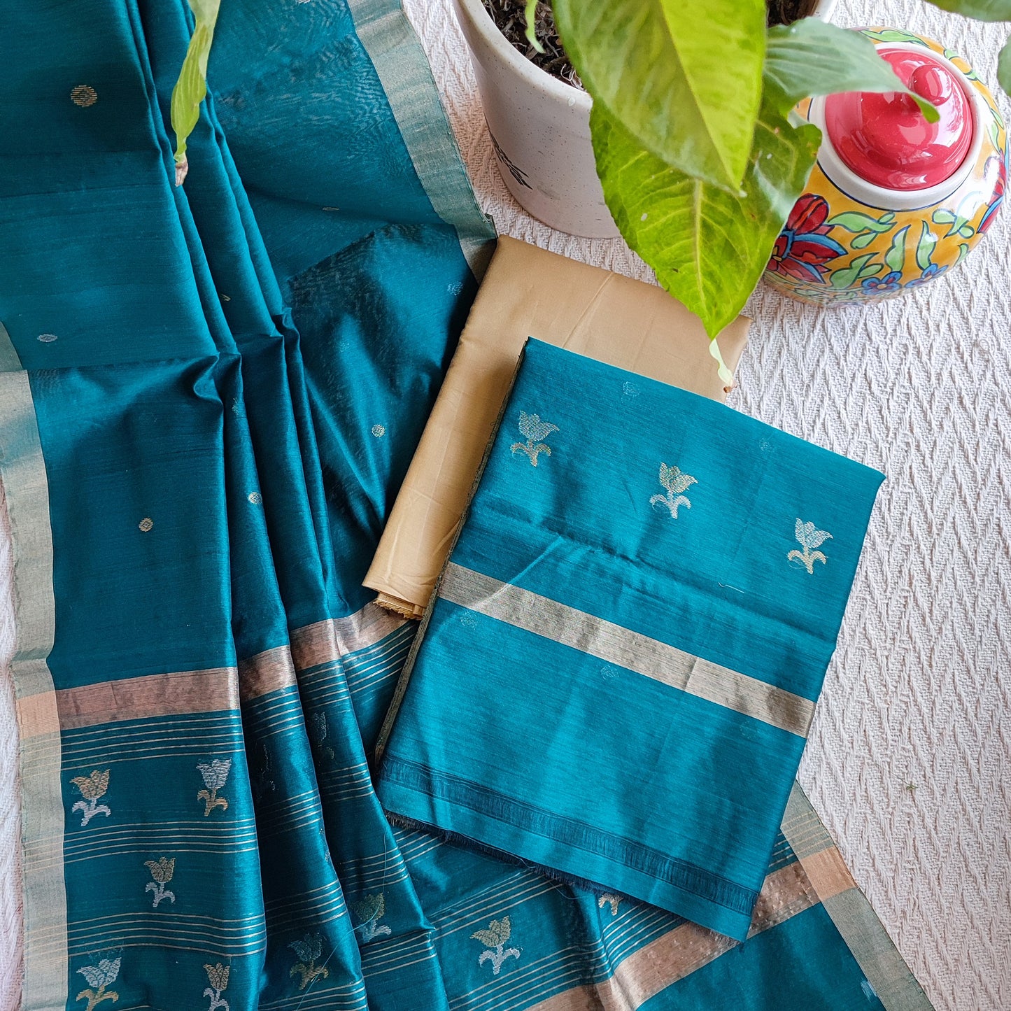 Cyan Blue Mercerized Chanderi Silk Suit Set