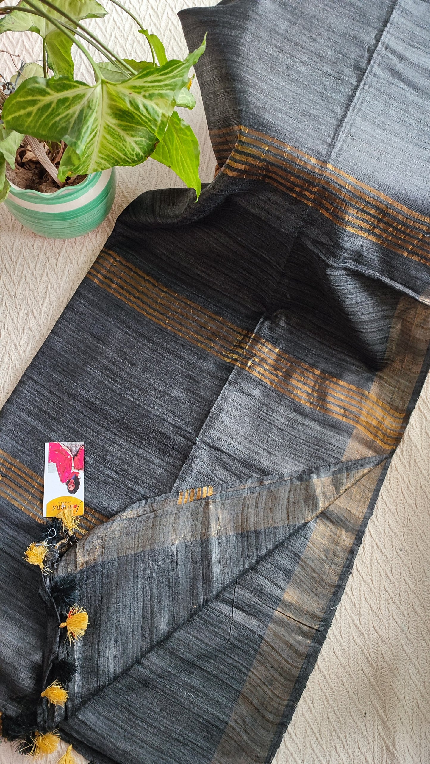 Black & Gold Tassar Gheecha Silk Saree