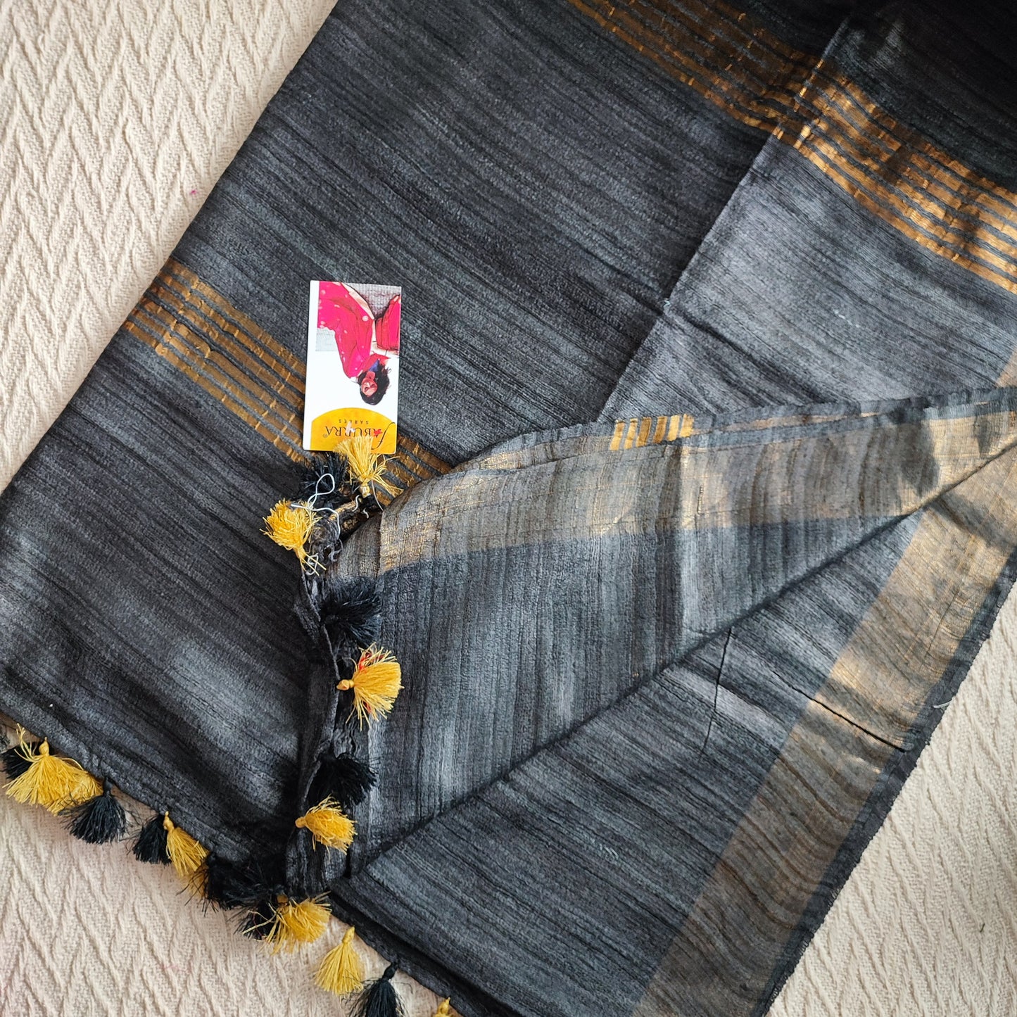 Black & Gold Tassar Gheecha Silk Saree