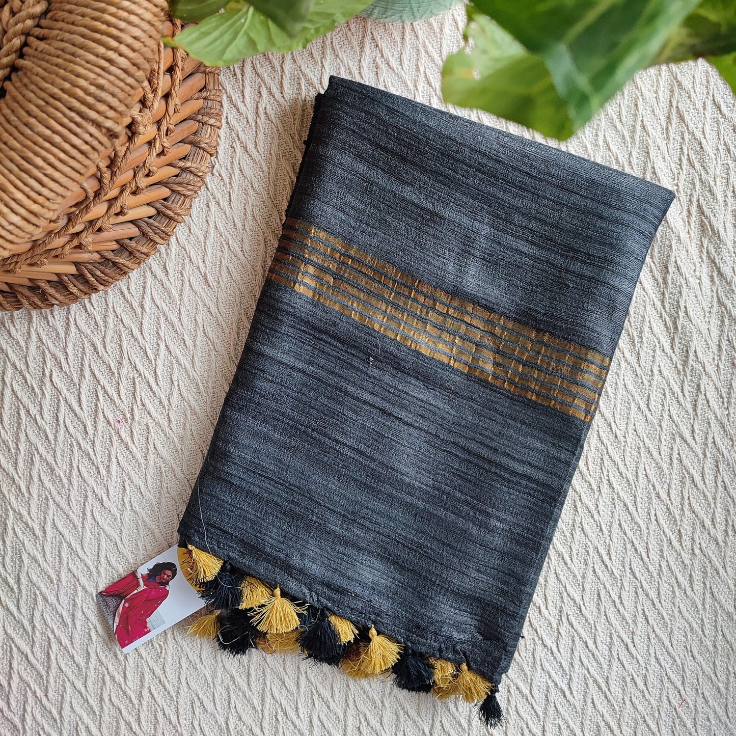 Black & Gold Tassar Gheecha Silk Saree