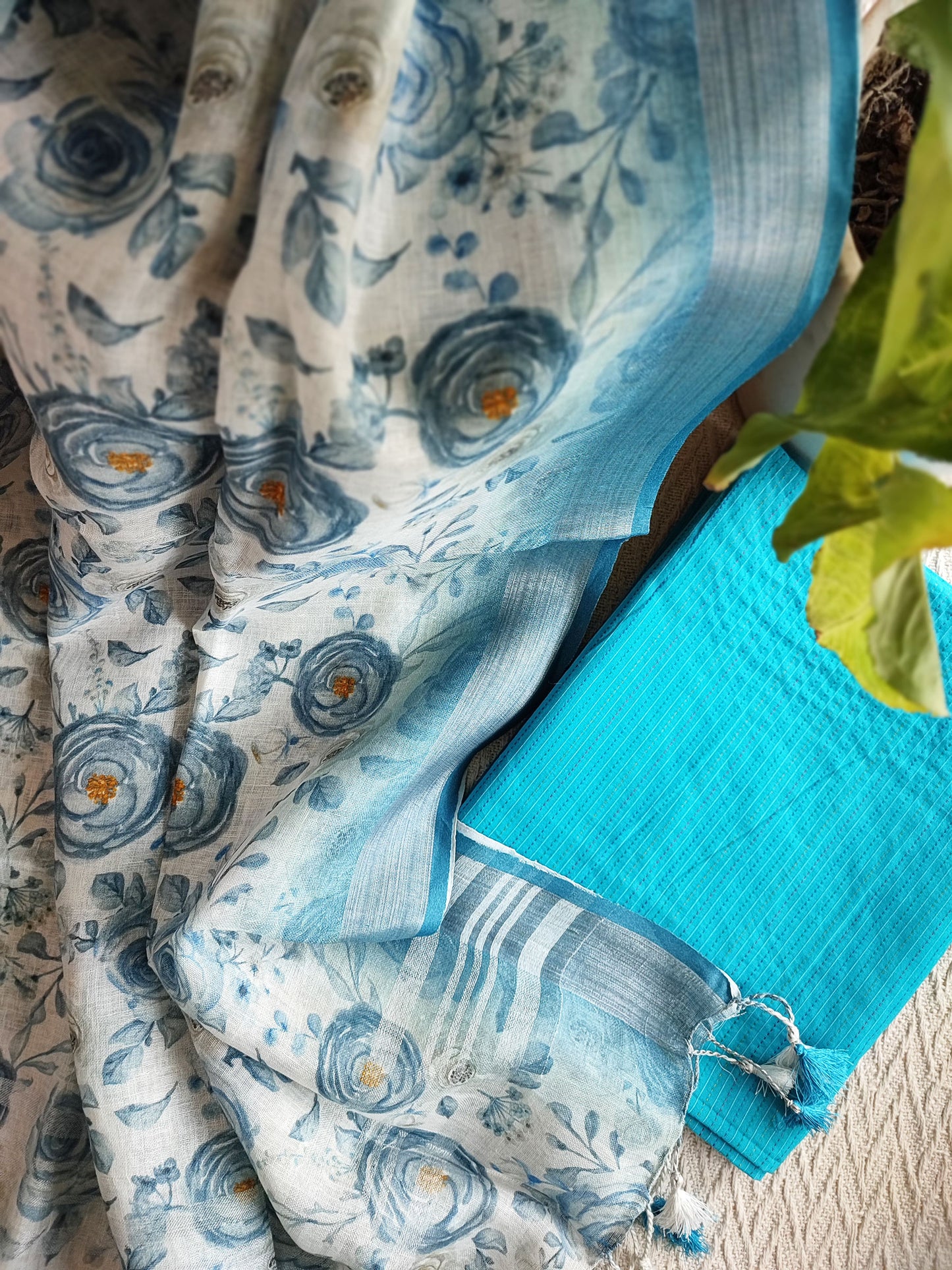 Sky Blue Monochromatic Cotton Kurta with Digital Print Floral Linen Dupatta (Variation 4)