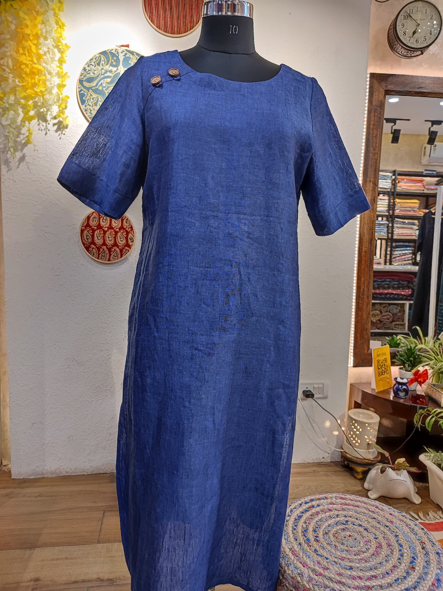 Navy Blue Pure Linen Loose Fit Kurta (Round Neck)