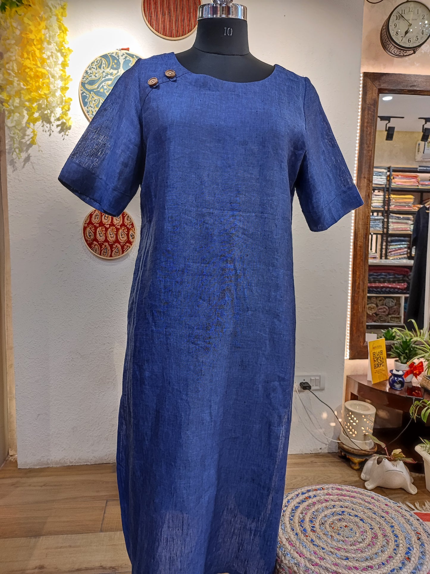 Navy Blue Pure Linen Loose Fit Kurta (Round Neck)