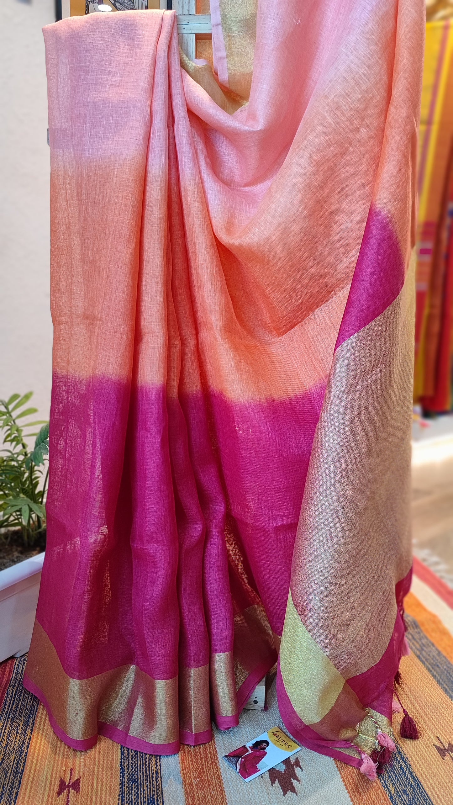 Pink Peach & Fuchsia Premium Linen Shaded Saree