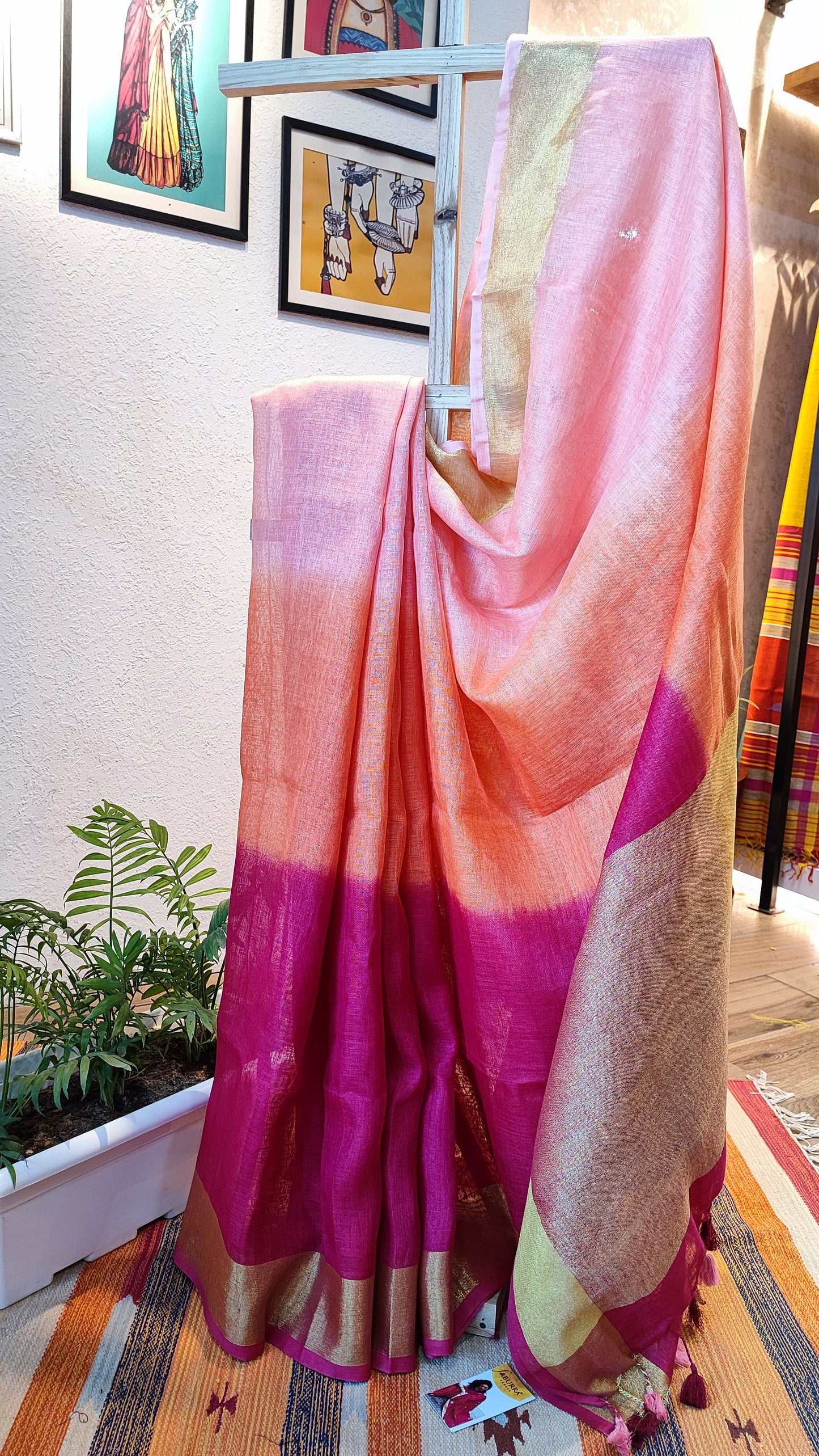 Pink Peach & Fuchsia Premium Linen Shaded Saree