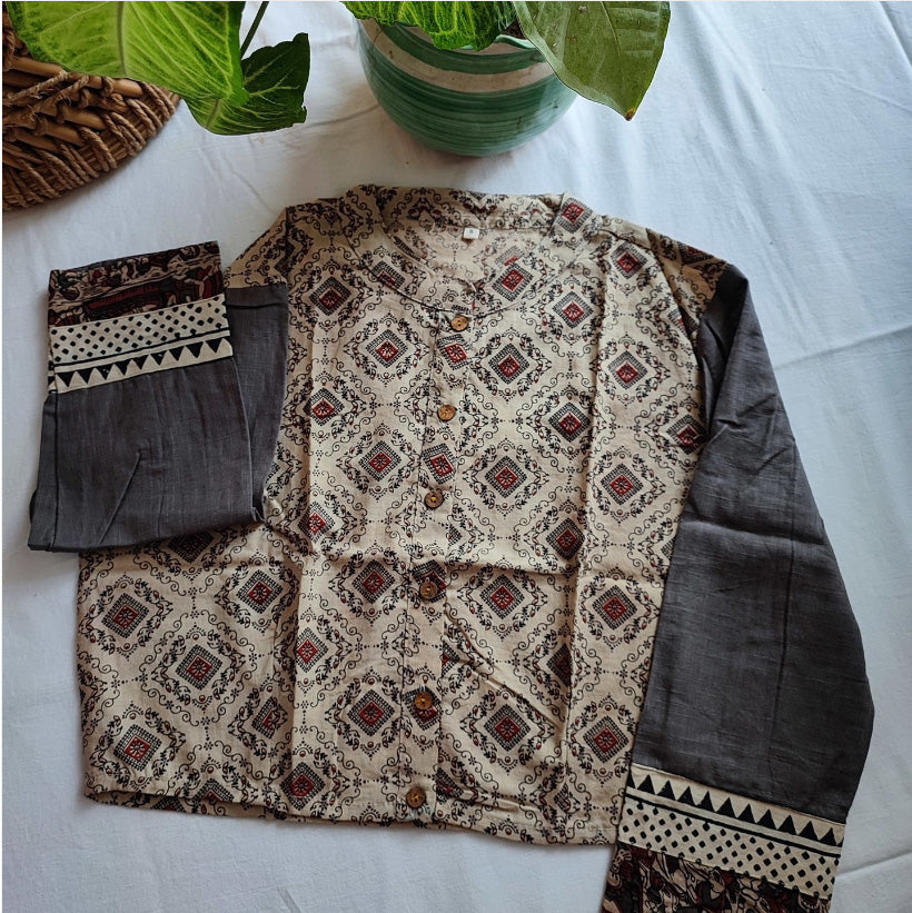 Slate Grey & Beige Pure Cotton Kalamkari Handblock Printed Contemporary Blouse/Crop Top